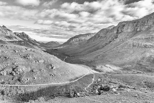 View from the Uitkyk Pass towards Algeria in the Cederberg Mountains in the Western Cape of South Africa. Monochrome