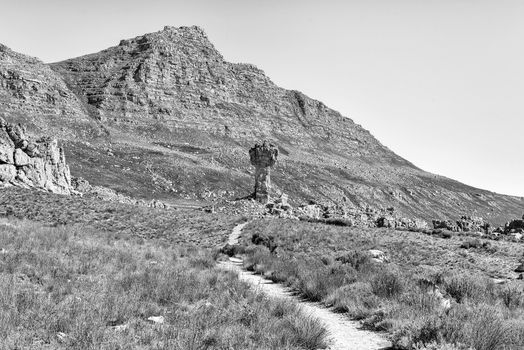 The Maltese Cross on the Bokveldskloof hiking trail near Dwarsrivier in the Cederberg Mountains of the Western Cape Province. Monochrome