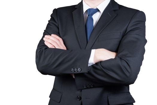 closeup portrait of business man body isolated on white background. Folded hands