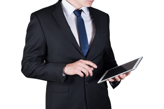 young businessman holding a tablet PC, isolated on white background.