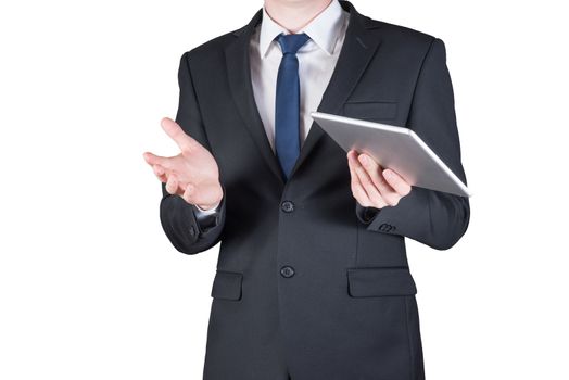 businessman holding a tablet, mobile phone isolated on white background.