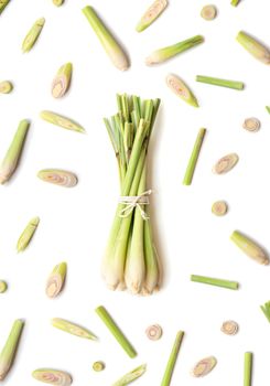 Fresh green lemongrass tied with rope, isolated on white background.