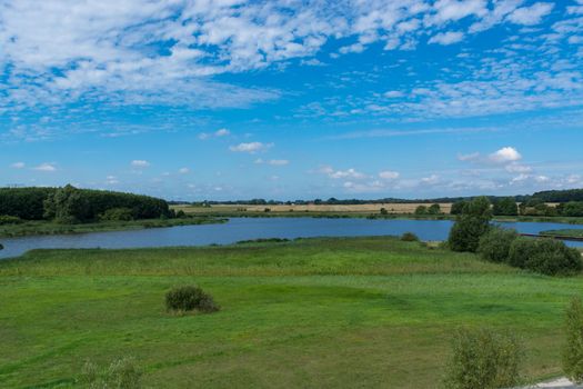 Panoramic view of the swimming, fishing and nature area Eixen lake. Shot from the lookout tower