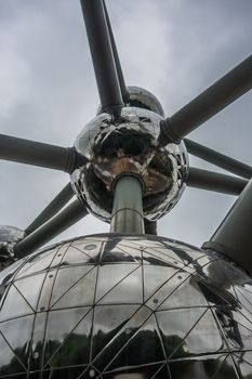 View from below the Atomium in Brussels at bad weather