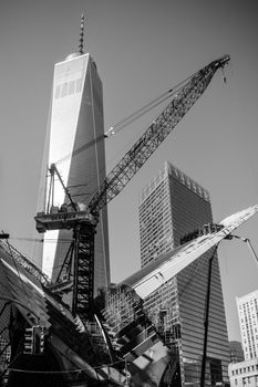 Construction sight crane Westfield World Trade Center Manhattan New York black and white