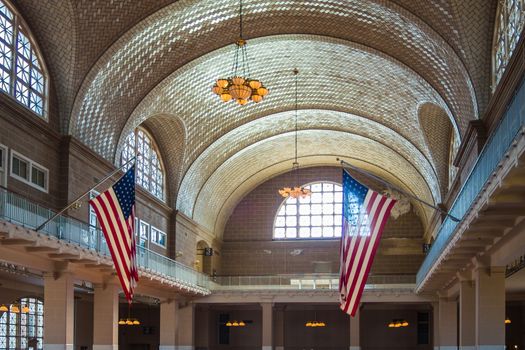Ellis Island Immigrant Building American flag Stars and Stripes