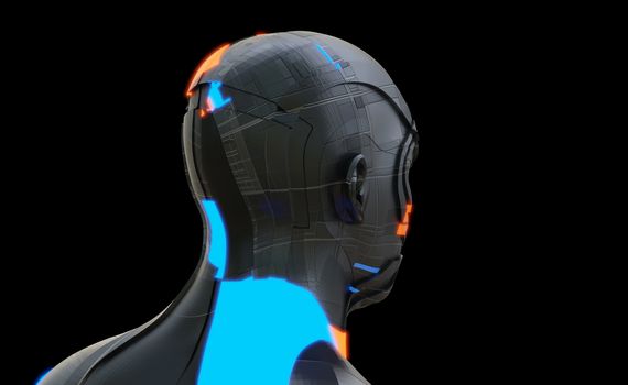 Futuristic robot of dark color with luminous parts of blue and orange. Isolated on black background. The concept of robotic and industrial revolution 4.0. 3D illustration