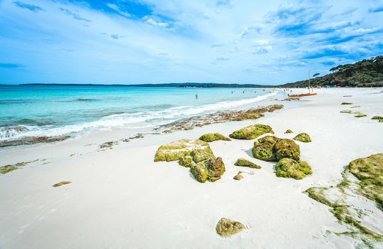 Crowds of tourists on Hyams Beach in summer