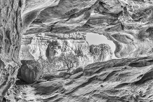 The main Stadsaal Cave in the Cederberg Mountains in the Western Cape Province of South Africa. Monochrome