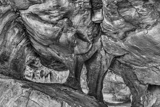 The main Stadsaal Cave in the Cederberg Mountains in the Western Cape Province of South Africa. Monochrome