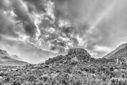 Storm clouds at sunrise at Kromrivier in the Cederberg Mountains of the Western Cape Province. Monochrome