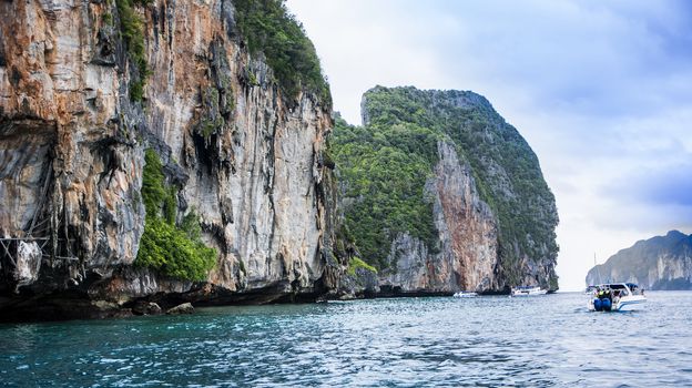 Beautiful lagoon landscape rounded with mountains in Phuket island, Thailand. Horizontal outdoors shot