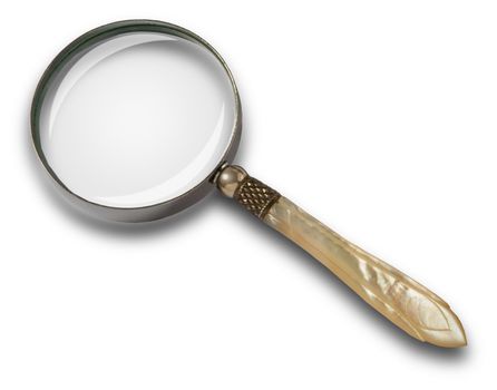 Close-up of a vintage antique magnifying glass isolated against a white background