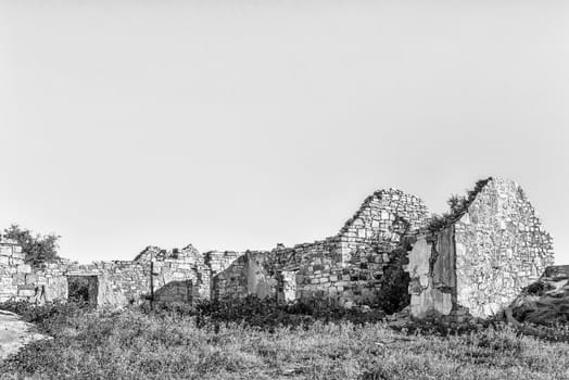 An historic ruin at Matjiesfontein farm in the Northern Cape Province of South Africa. Monochrome