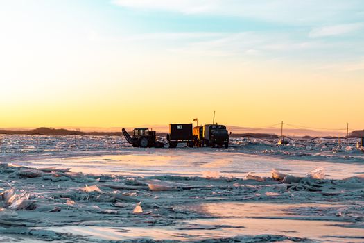 View of the city of Khabarovsk from the middle of the frozen Amur river.