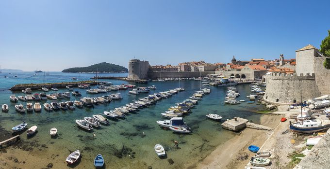 Panoramic view of the Old Port in Dubrovnik, Croatia,  in a sunny summer day