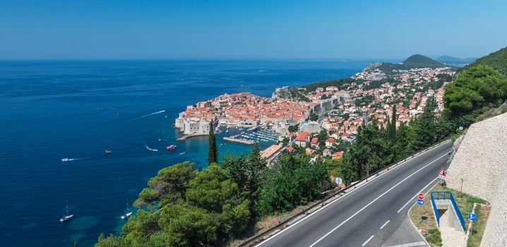 Panoramic view of the Old Town and Old Port of Dubrovnik, Croatia,  in a sunny summer day