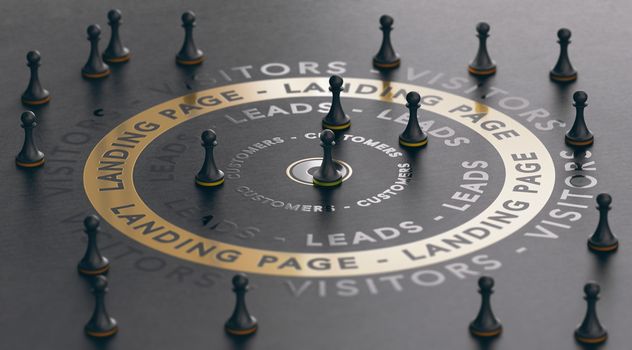 3d illustration of an inbound marketing concept with pawns around a golden landing page over black background. Modern design.