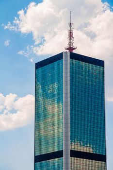 High modern office building in the city center of Warsaw.