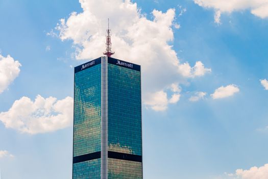 Warsaw, Poland - May 31, 2018: High office building of the Marriott company in the city center.