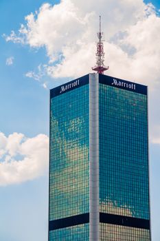 Warsaw, Poland - May 31, 2018: High office building of the Marriott company in the city center.
