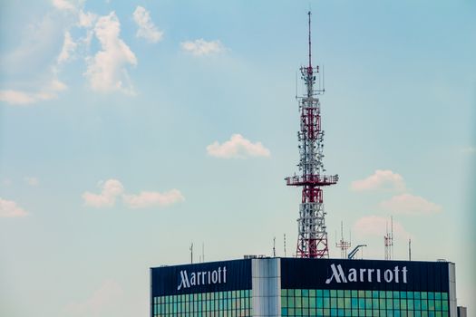 Warsaw, Poland - May 31, 2018: High office building of the Marriott company in the city center.