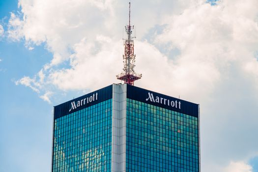 Warsaw, Poland - May 31, 2018: High office building of the Marriott company in the city center.