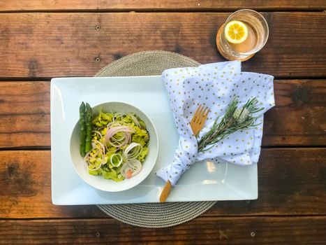 Vegeable salad as breakfast with asparagus and avocado