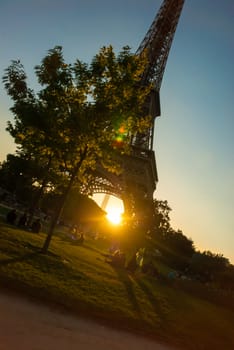 Eiffel Tower Tour Eiffel blue sky steel structure in evening sunset sun
