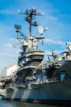 Aircraft carrier control tower steel ship museum blue sky