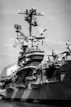 Aircraft carrier control tower steel ship museum black white