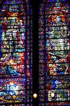Colorful church windows colored glass red blue
