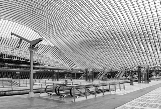 Inside Liege guillemins railway station bw