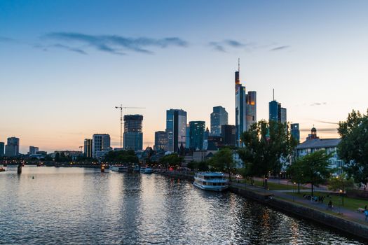 Skyline of Frankfurt in Germany at sunset orange