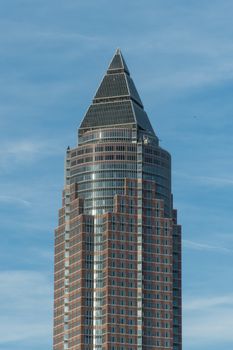 Skyscraper in Frankfurt Germany at sunny day with blue