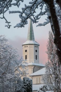 White stave church Norway Stavanger winter