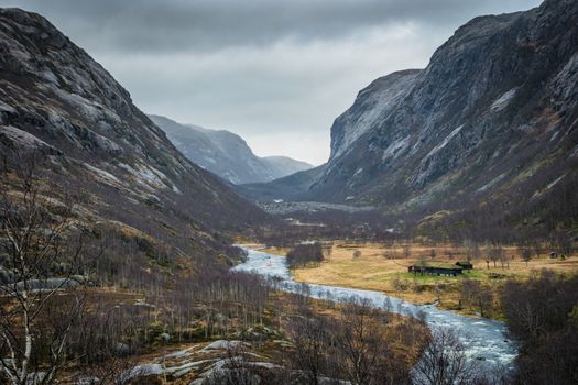 Fjord valley mountains Norway winter cold bad weather