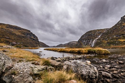 Fjord river bad weather clouds water