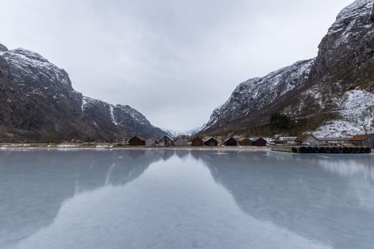 Hardanger fjord frozen smooth in winter Norway