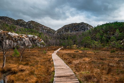 Hiking path Preikestolen Norway in fall