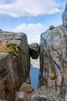 Kjerag rock bolten deep canyon Lysefjord