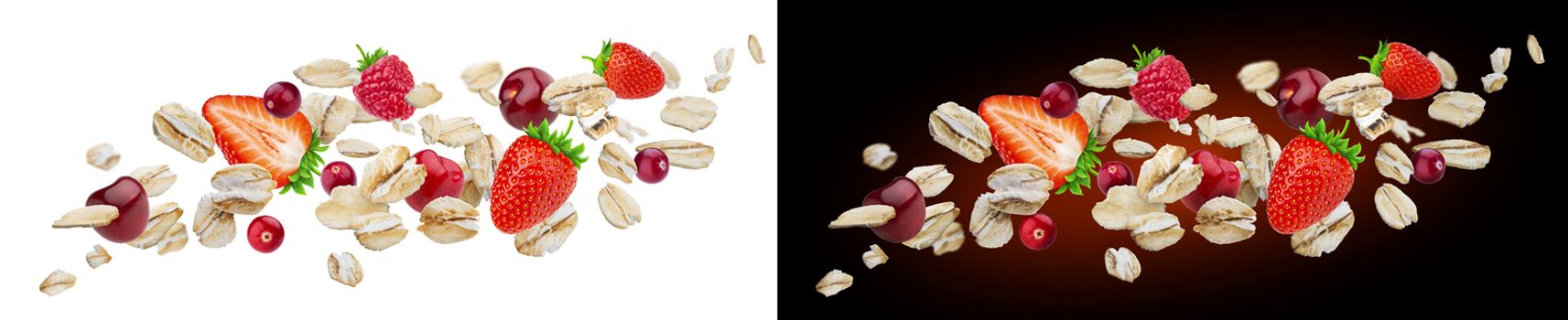 Flying oat flakes with berries isolated on white and black backgrounds. Falling oats