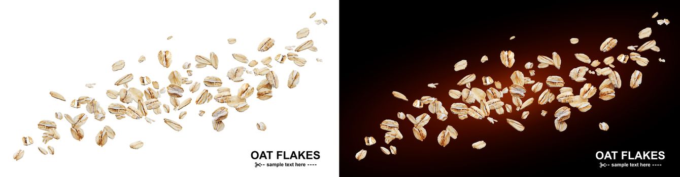 Flying oat flakes isolated on white and black backgrounds. Falling oats