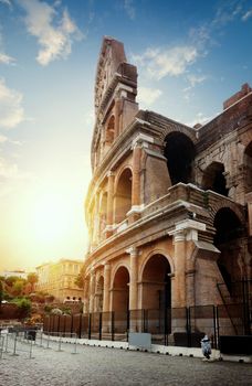 View on wall of Colosseum in Rome at sunrise
