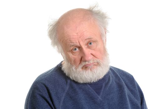 sad depressing old bald man isolated portrait isolated on white. sad grandfather