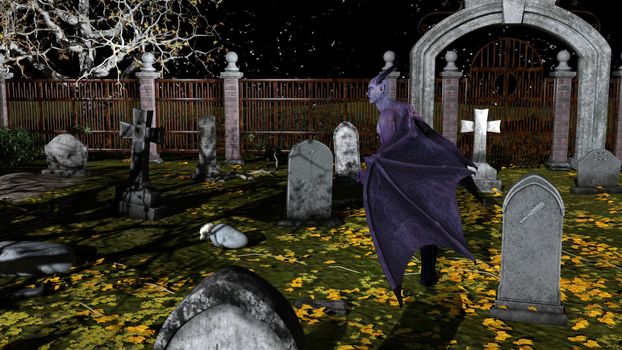 Fallen Angel of Death in a spooky cemetery at night - 3d rendering