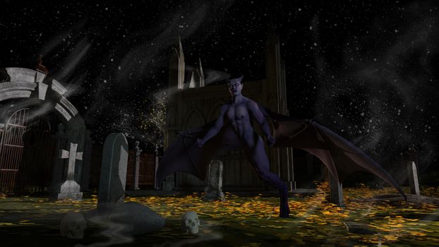 Fallen Angel of Death in a spooky cemetery at night - 3d rendering