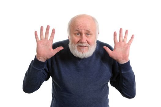 old man shows his empty showing both hands open palms isolated on white