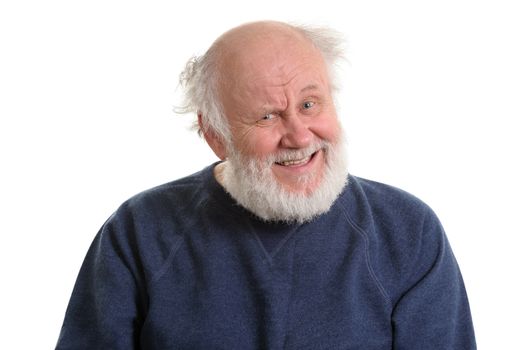 portrait of bald and bearded sarcasticly laughing senior man, isolated on white