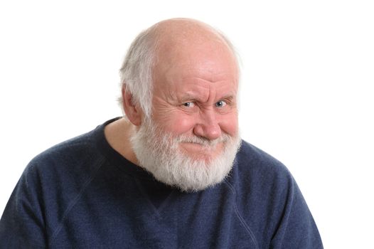 portrait of old man with insidious tricky fake smile, isolated on withe